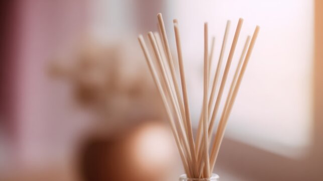 aroma diffuser sticks soft blurred background cozy home atmosphere warm light relaxation detail