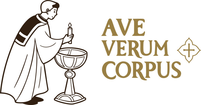 Illustration of a priest holding a candle over a baptismal font with latin text