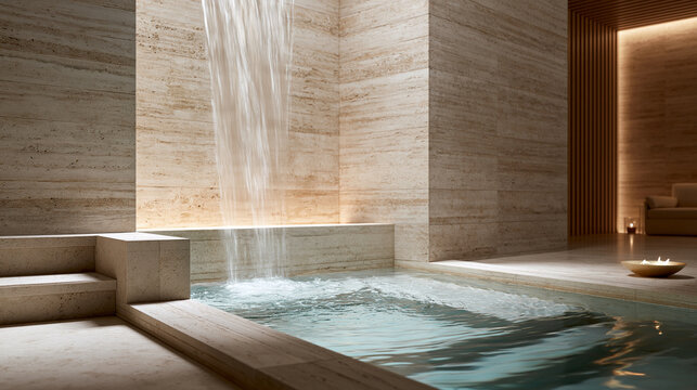 Minimalist spa with smooth limestone walls and a thin stream of water falling into a calm pool tranquil relaxing setting