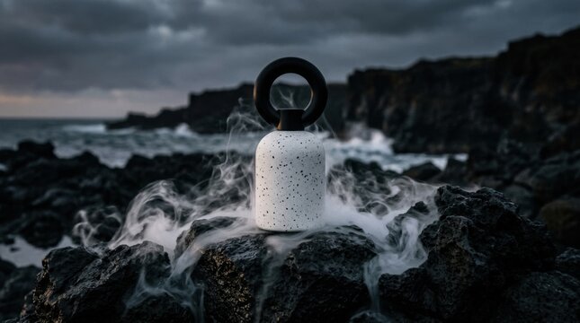 Rugged Outdoor Speaker on Rocks Surrounded by Ocean Waves