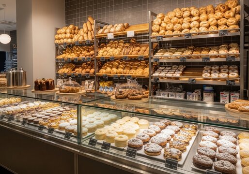 Bakery display case filled with assorted fresh pastries and breads