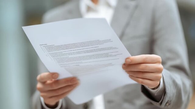 Business professional in a suit carefully reads an important document outdoors in a modern urban environment. The focus is on the hands holding the paper, emphasizing attention to detail