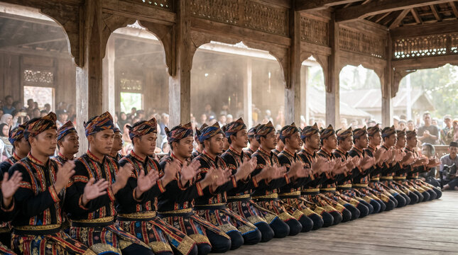 Group of men performing the traditional Saman dance from Aceh Indonesia in perfect synchrony, cultural heritage.