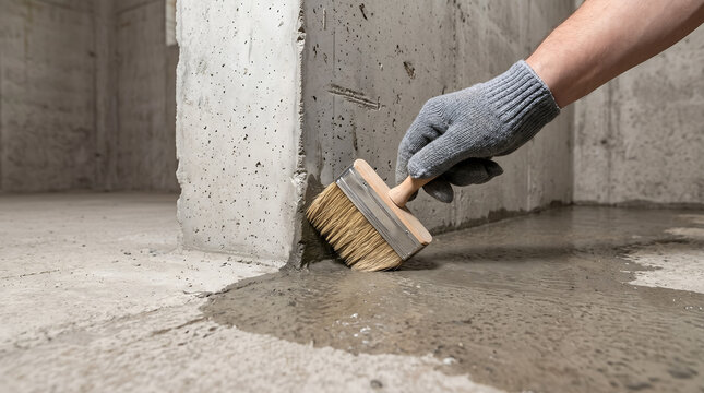 Close up of a construction worker applying cementitious waterproofing slurry or sealing mortar to a concrete foundation joint with a brush.