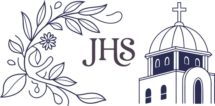 Jhs monogram with floral illustration and church icon