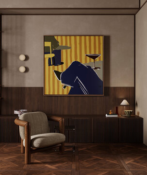 Modern midcentury living room with an armchair and artwork