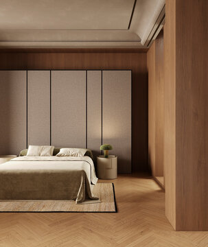 Cozy mid-century modern wooden bedroom interior with no people