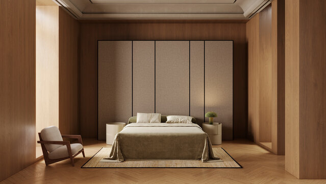 Cozy mid-century modern bedroom interior with wood paneling