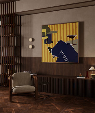 Midcentury modern living room with wooden panel and armchair