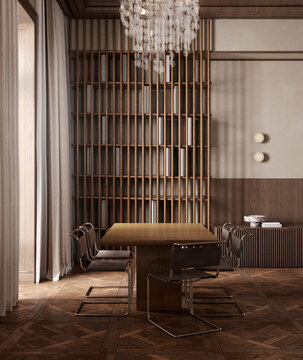 Warm mid-century modern dining room interior with wooden table