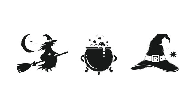 Witch silhouette with crescent moon and magic cauldrons