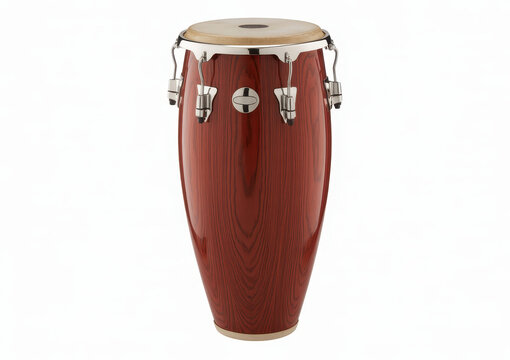 Wooden conga drum with metal hardware isolated on a plain white background