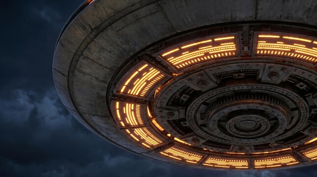 Mysterious UAP hovering menacingly in a dark, cloudy sky at dusk, a conceptual illustration.