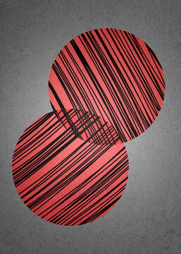 Abstract illustration of two overlapping red circles with black lines