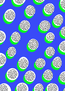 Vibrant abstract seamless dragonfruit pattern on blue background