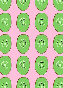 Seamless tropical green kiwi slice pattern on pink background