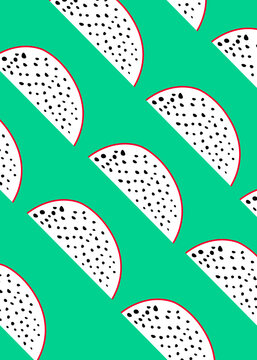 Seamless pattern of dragon fruit slices on green background