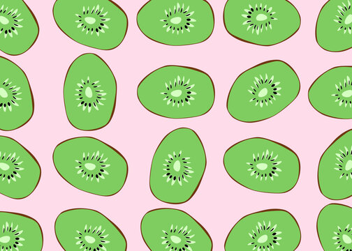 Seamless pattern of fresh green kiwi slices on pink background