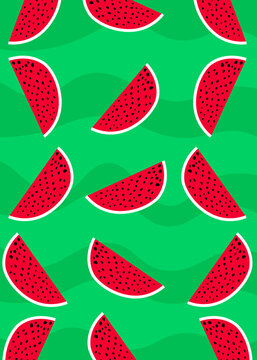 Seamless pattern with red watermelon slices on green