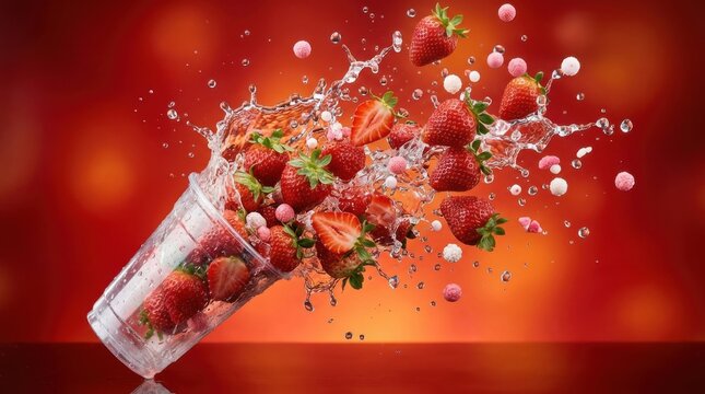 Exploding Strawberry Drink in Glass with Liquid Splash