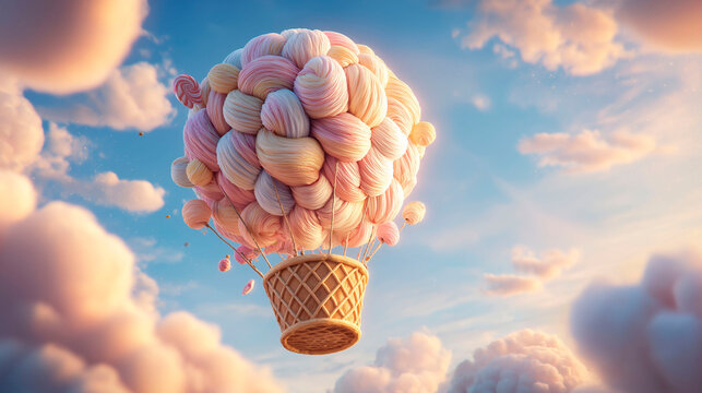 surreal hot air balloon made of pastel dessert swirls floating through dreamy clouds in soft sunset sky concept of imagination sweets fantasy and childhood wonder