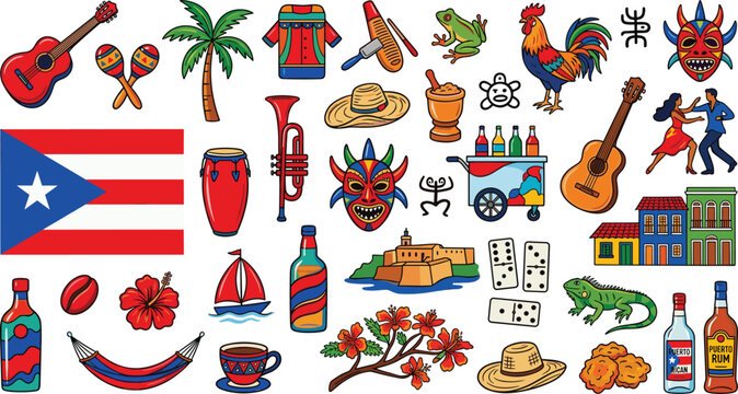 Puerto Rico Culture and Travel Icon Set with Flag, Music, Dance, Food, Architecture, and Traditional Symbols for Caribbean Designs
