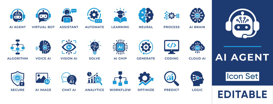 Artificial intelligence and AI agent solid icon set. Featuring symbols for neural brain, virtual bot, and automation. Vector icons for digital presentations.