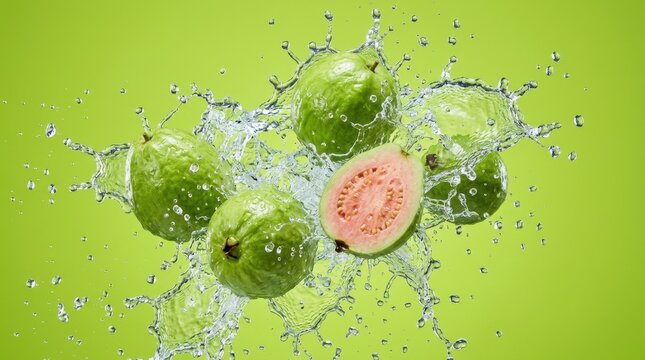 Sliced Guava Fruit Exploding with Water Splash on Green