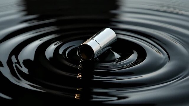 Metallic cylinder floating in dark liquid creating concentric ripples and waves abstract background black
