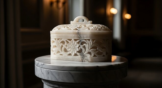 Elegant white decorative jewelry box with intricate floral carvings sitting on a stone pedestal stand. alabaster box