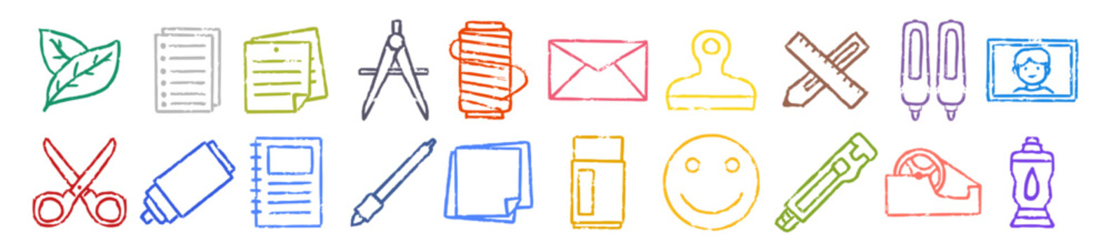 Stationery items doodle hand drawn, school office supplies icon set, craft equipment sketch, study workspace accessories vector elements, ink illustration