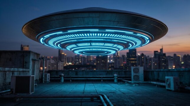 Mysterious UAP hovers over a dark city rooftop at twilight, an unexplained aerial phenomenon