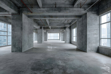 Fototapeta premium An empty concrete structure with large windows, unfinished, and raw. The space hints at a skyscraper interior
