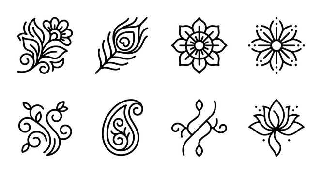 Elegant Floral and Paisley Vector Icons Set, Decorative Ornaments, Indian Henna Inspired Design Elements
