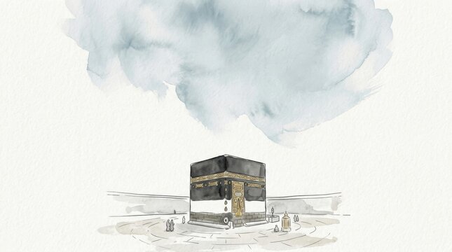 Pencil Sketch of the Kaaba under Soft Clouds