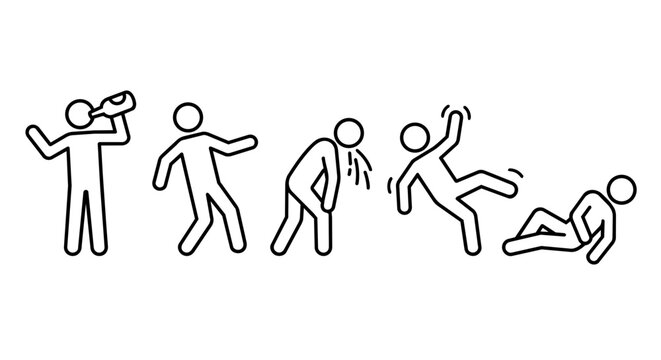 Drunk man stick figure icon set vector. Alcoholism, intoxication and vomiting process steps infographic illustration