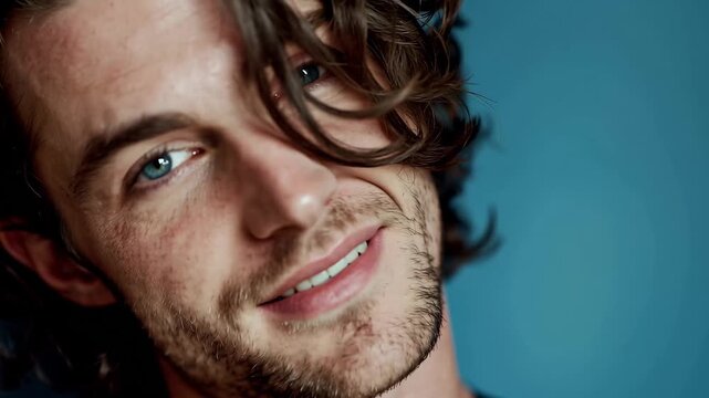 Man's expressive face with subtle shifts in emotion against a deep blue background in cinematic motion