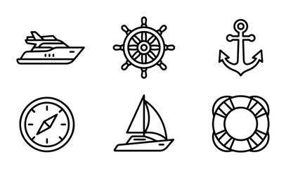 Nautical Icons Set: Yacht, Ship Wheel, Anchor, Compass, Sailboat, Lifebuoy Vector Graphics for Marine Themes © Kamrul