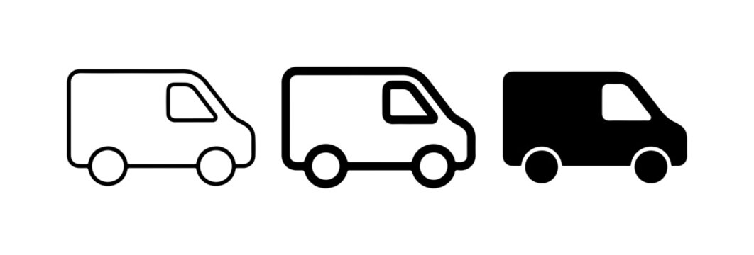 Van Icons Set: Outline, Filled Outline, and Solid Black Vector Graphics for Delivery and Logistics