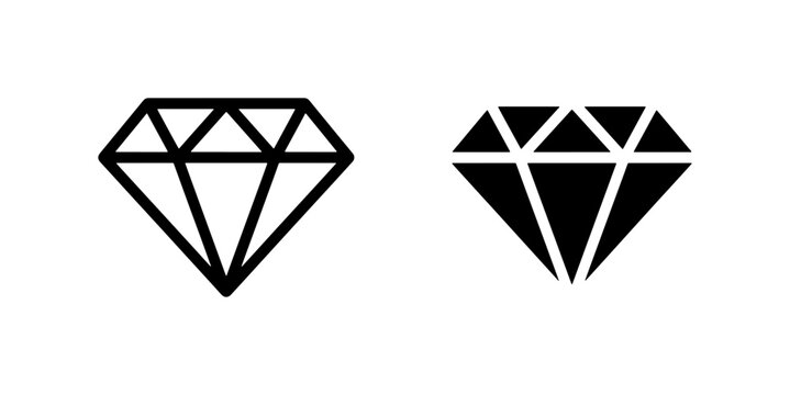 Diamond Icons, Gemstone Symbols, Faceted Jewel Graphics. Two styles: outline and solid fill, representing luxury, value, and brilliance.