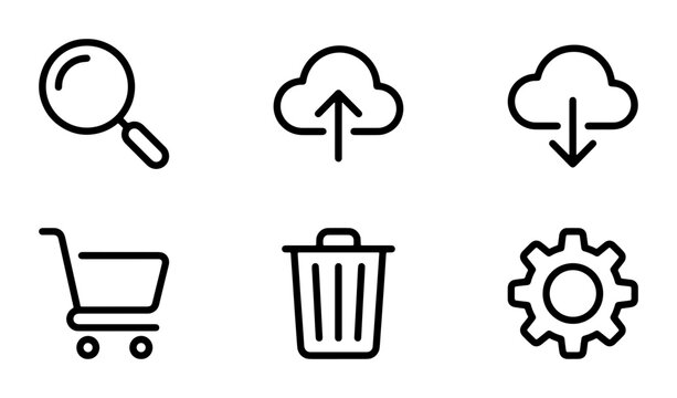 Minimalist Black Outline Icons: Search, Cloud Upload, Download, Shopping Cart, Trash, Settings, Vector Set