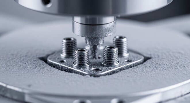 Intricate precision machinery works on tiny threaded metal components in a close-up industrial manufacturing scene