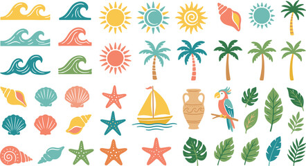 Fototapeta premium tropical summer elements collection vector illustration with waves suns shells and palm trees