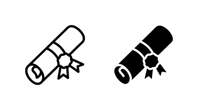 Diploma Scroll Icons, Graduation Certificate Vector Set, Award Document Symbols for Achievement and Education
