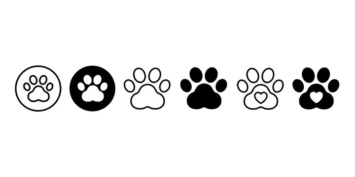 Paw footprint set icons, cute animal track with heart icon, dog or cat paw icons in solid and 
line style