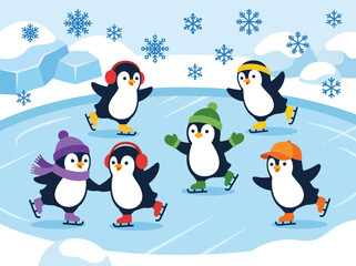 Naklejka premium A lively scene of six cheerful penguins ice skating on a frozen pond, wearing colorful hats and headphones, promoting a fun winter atmosphere for all ages.
