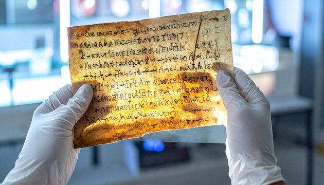 Faded ancient Greek text on fragile papyrus fragment held by gloved hands, a tangible piece of history.