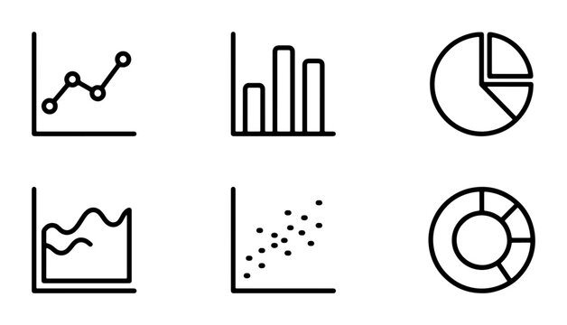 Minimalist Data Visualization Icons: Line, Bar, Pie, Scatter, Area Charts for Business Analytics
