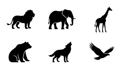 Silhouette Animal Icons: Lion, Elephant, Giraffe, Bear, Wolf, Eagle Vector Set. Wildlife, Nature, Safari Graphics. © Jannat