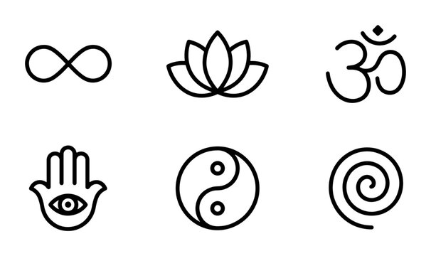 Spiritual Symbols Collection: Infinity, Lotus, Om, Hamsa, Yin Yang, Spiral Icons for Wellness and Meditation